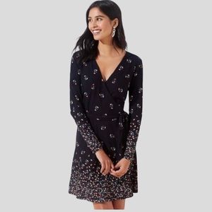 Loft Ann Taylor Wrap Black Dress Long Sleeve Floral Petals Women’s Medium